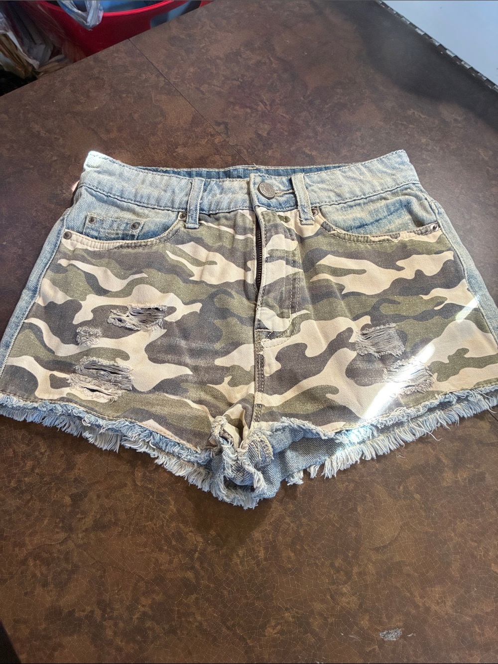 BDG Camo Distressed Denim-Trim Shorts - Olive/Beige